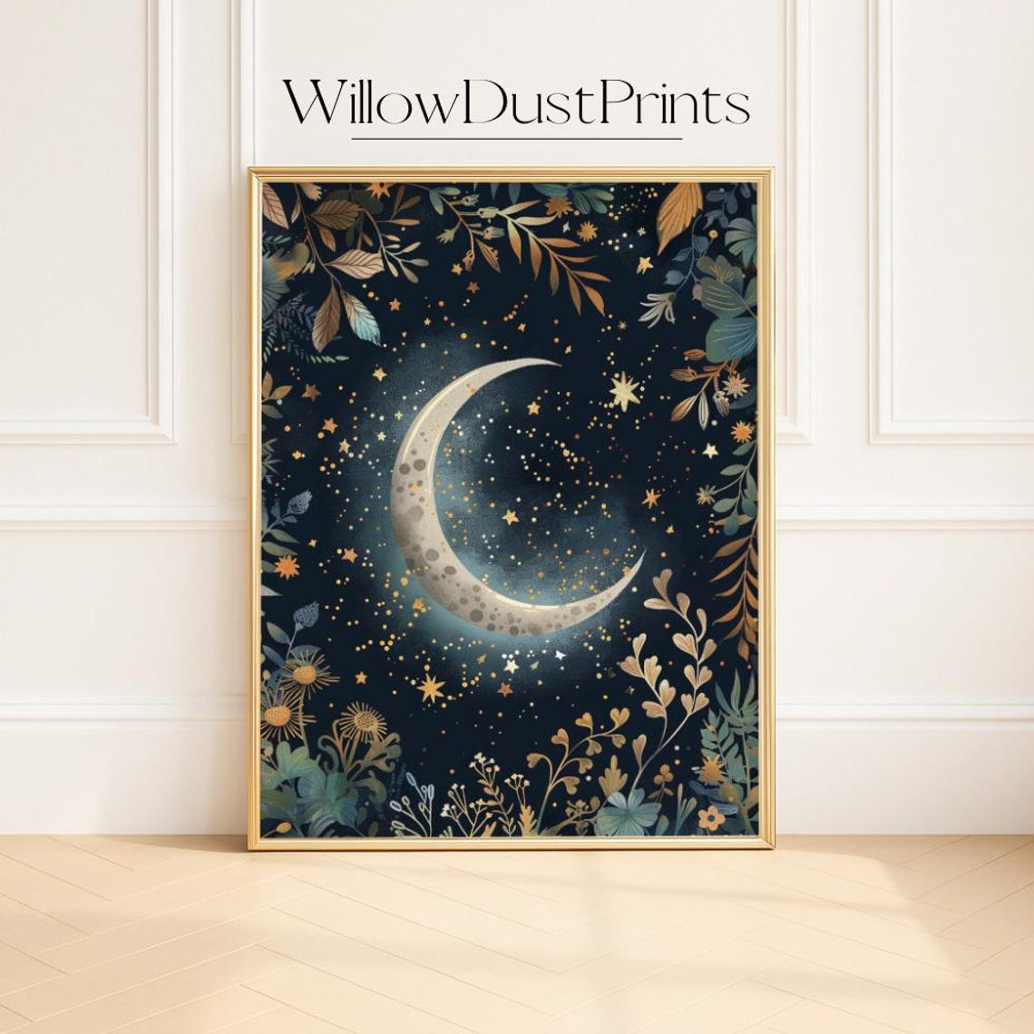 Crescent Moon With Golden Stars Celestial Botanical Night Poster