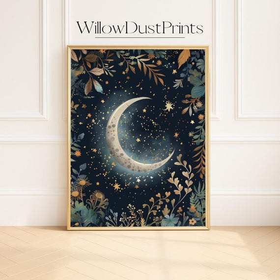 Mystical Moon Stars Wall Art Celestial Floral Night Sky Decor For Bedroom Gallery Or Spiritual Meditation Space Gift