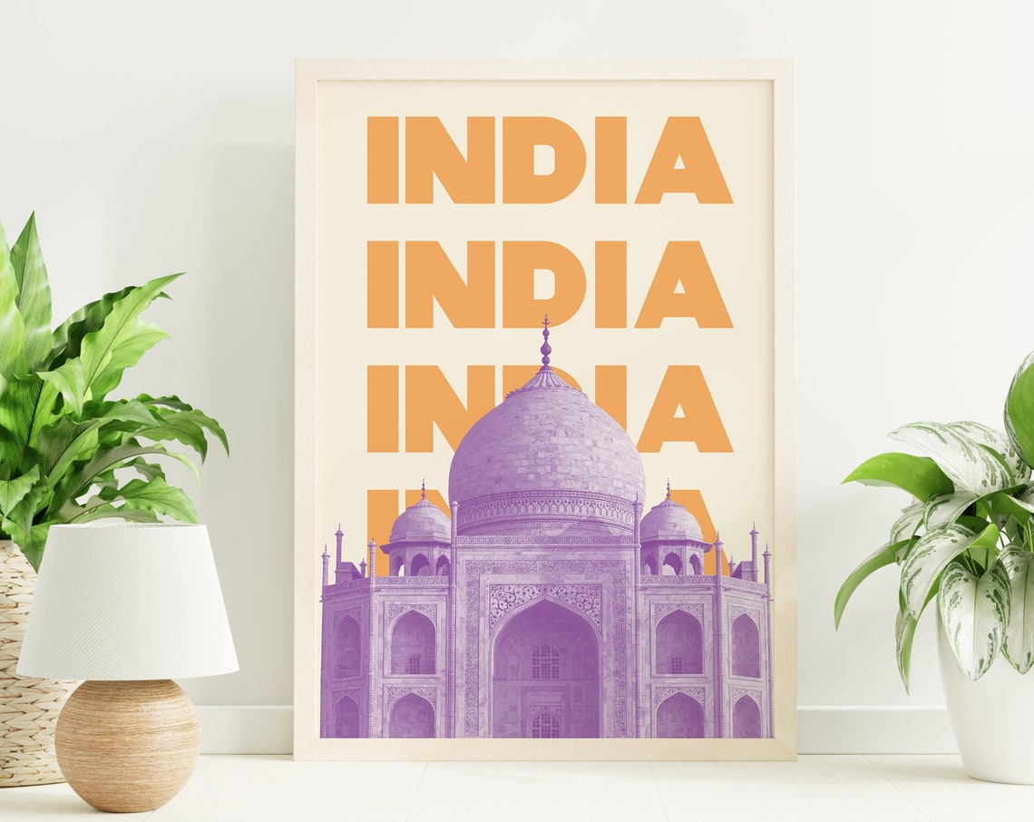 India Taj Mahal Poster with Purple Mausoleum and Orange Typography