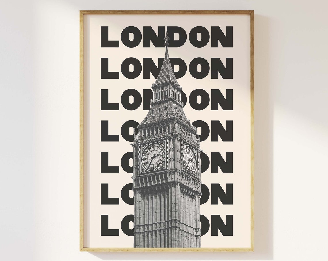 London Big Ben Clock Tower Black White Typography Travel Poster