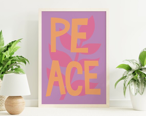 Peace Typography Orange Letters Purple Floral Inspirational Poster