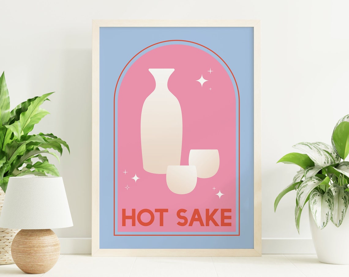 Hot Sake Bottle Cups Retro Japanese Bar Pink Blue Style Poster