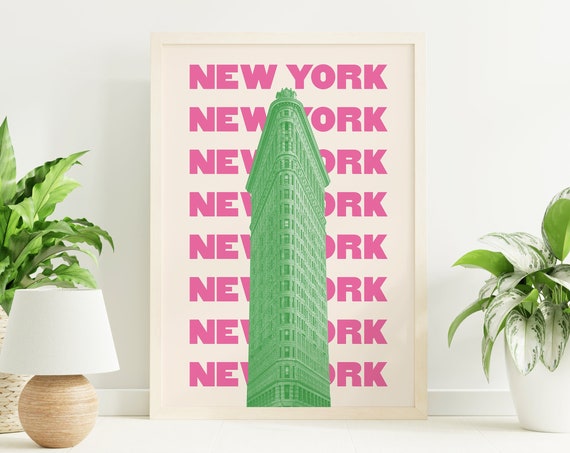 New York City Travel Print Art Pink Green Nyc Flatiron Travel Exhibition Print Cute Trendy Wall Art
