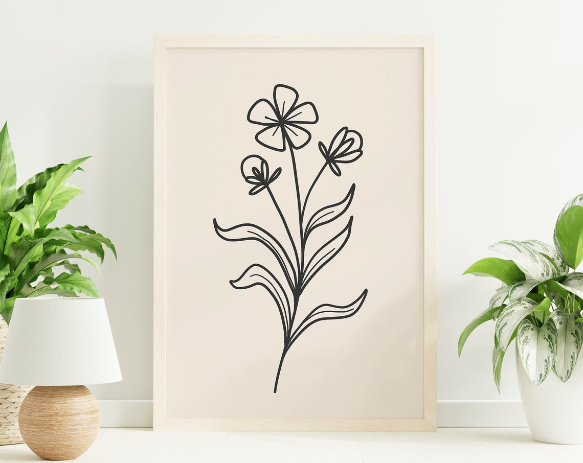 Black Outline Blooming Flower Botanical Line Drawing Poster on Cream