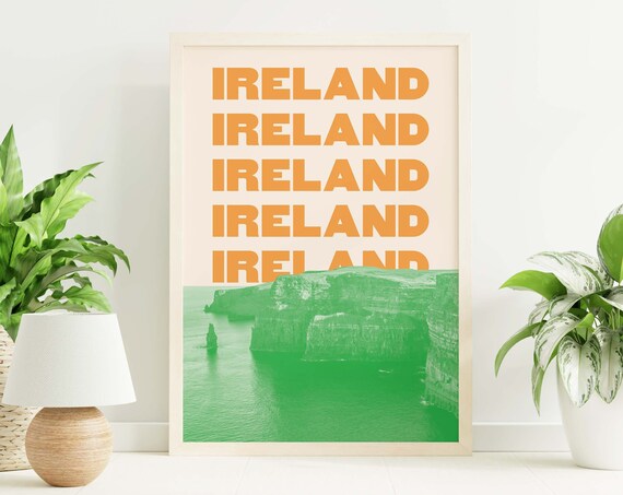 Ireland Travel Print Art Cliffs Of Moher Wall Art Green Orange St Patricks Day Decor Irish Wall Art