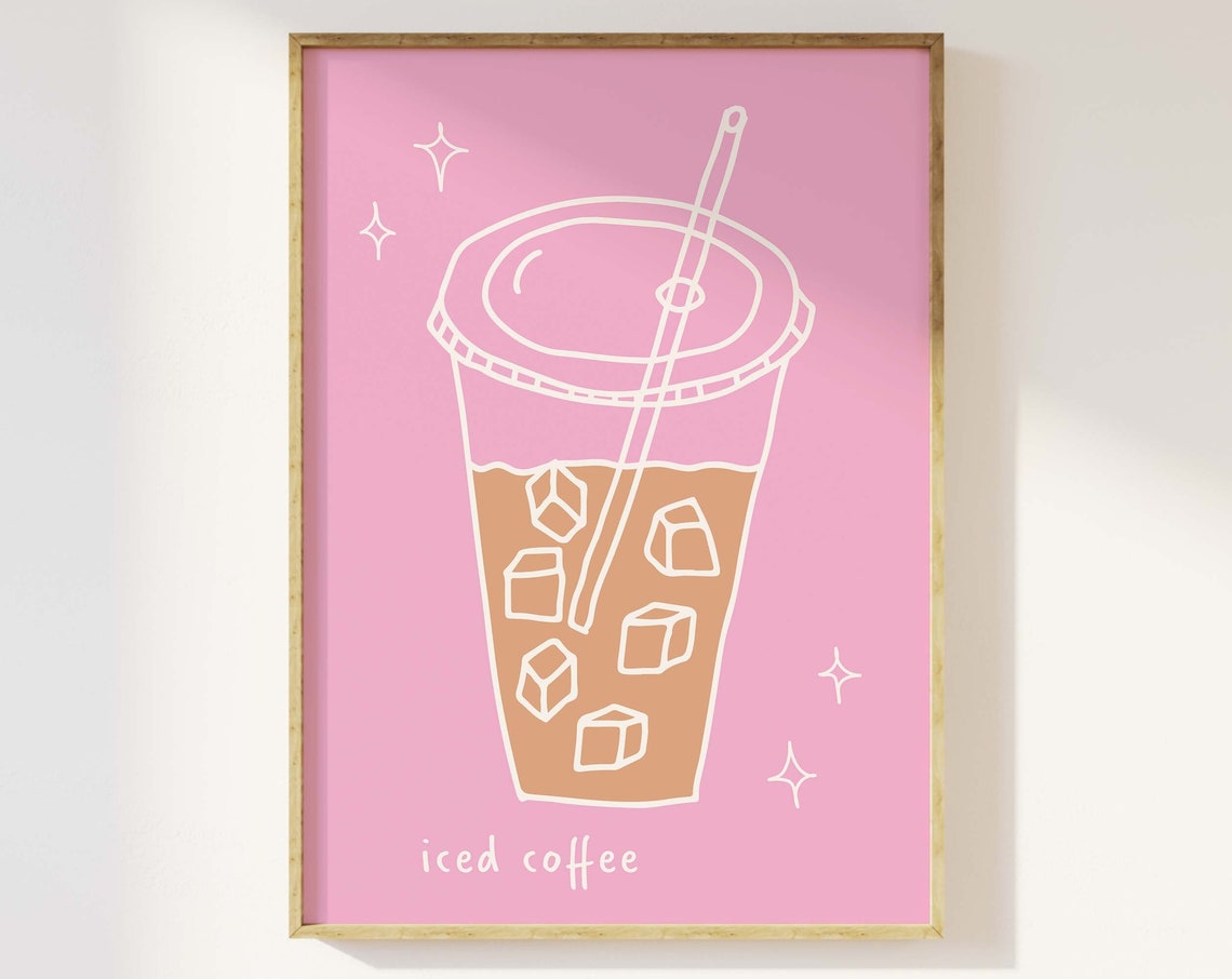 Iced Coffee Line Art Cute Pink Coffee Cup Kitchen Wall Decor Poster