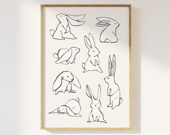 Bunnies Sketch Print Art Cute Rabbit Art Print Neutral Wall Art Trendy Easter Decor Nursery Decor