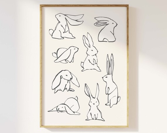 Bunny Sketches Cream Neutral Background Minimal Ink Rabbit Poster
