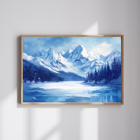 Frozen Majesty Snowy Mountain Landscape Oil Painting Print Rocky Mountains Wall Art Winter Nature Decor