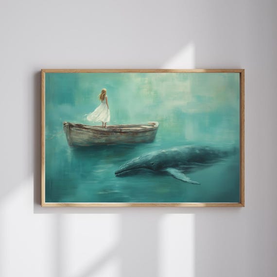 Beneath The Silence Surreal Girl And Whale Print Dreamy Ocean Fantasy Wall Art Serene Painting