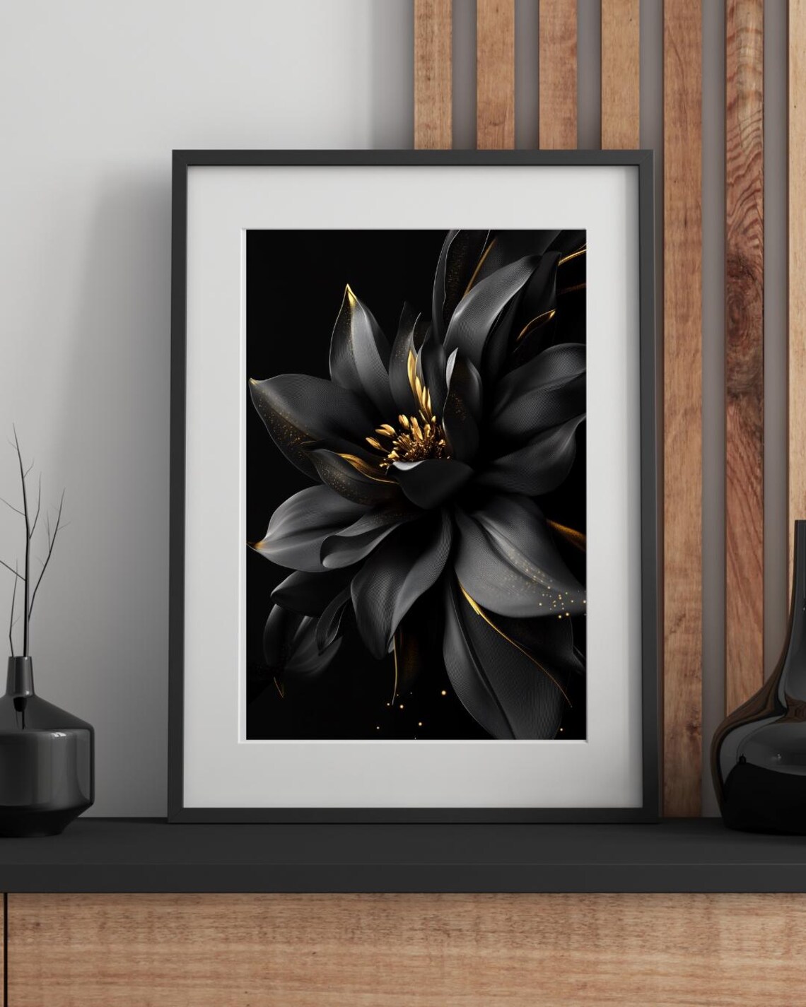 Black And Gold Flower Print Elegant Modern Floral Wall Art Luxury Botanical - Image 5
