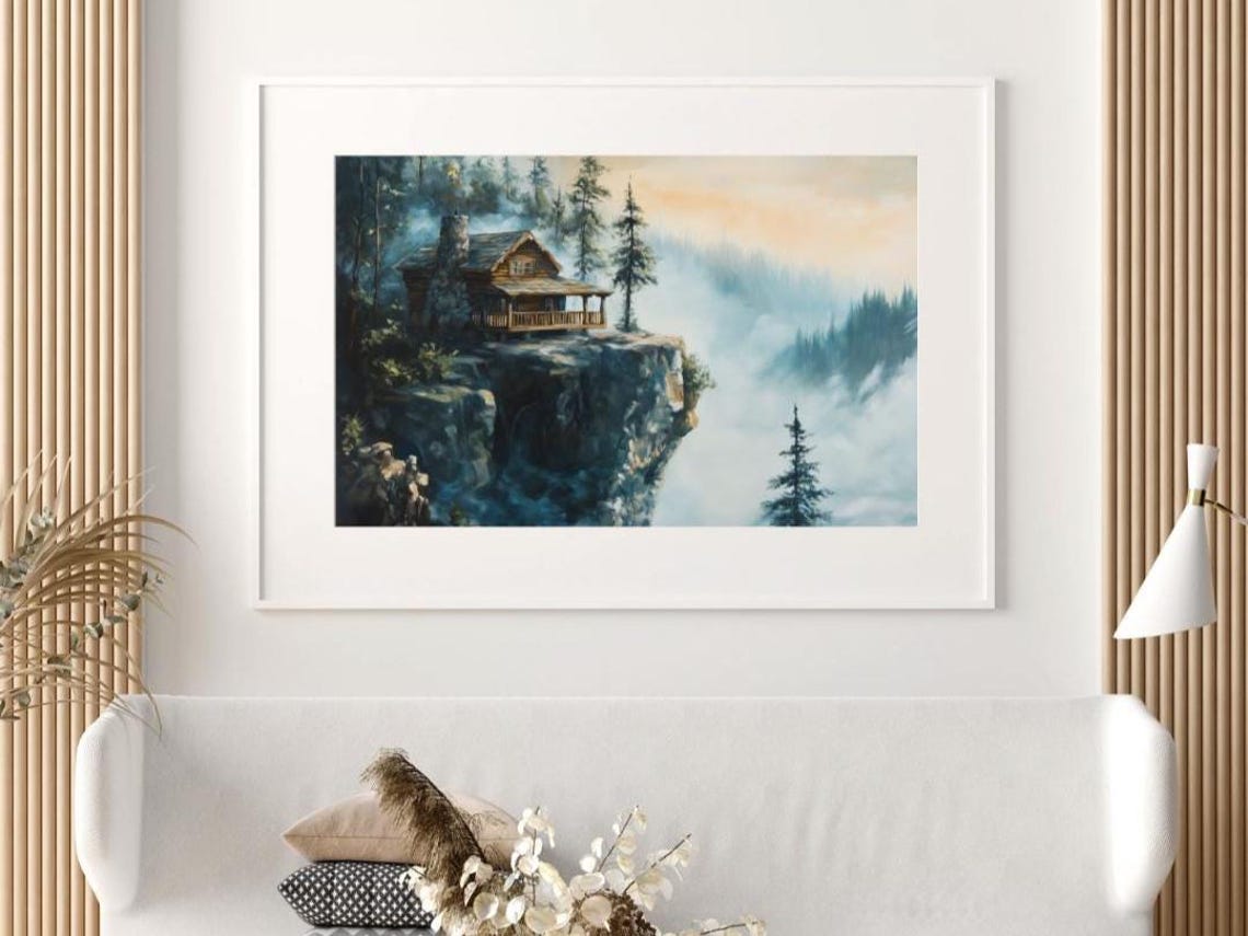 Edge Of Solitude Rustic Mountain Cabin Oil Painting Misty Forest Landscape Wall Art - Image 3
