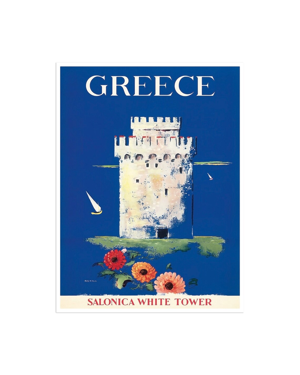 Greece Vintage Travel Poster with Salonica White Tower and Sea