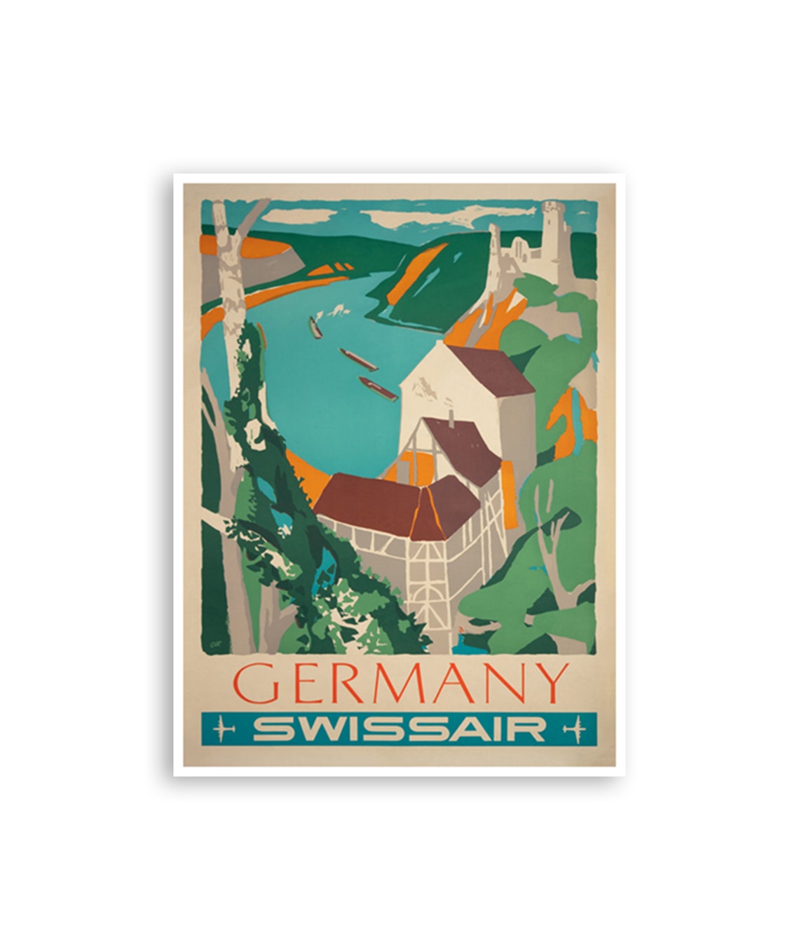Germany Vintage Swissair Rhine River Castle Village Travel Poster