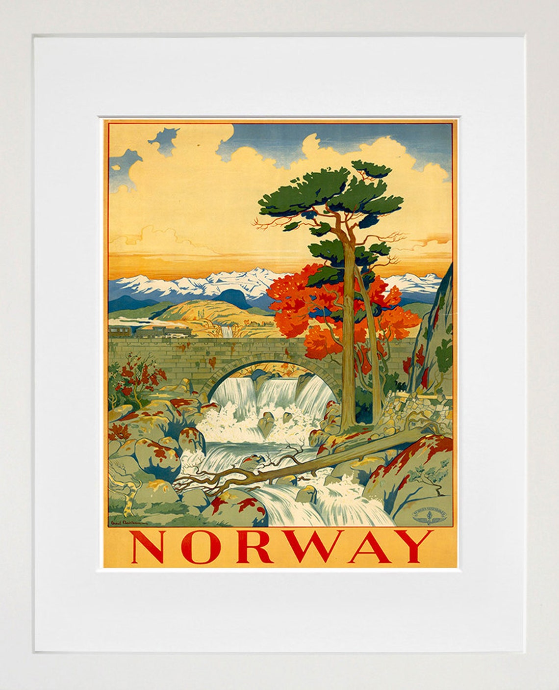 Norway Waterfall Stone Bridge Autumn Landscape Vintage Travel Poster