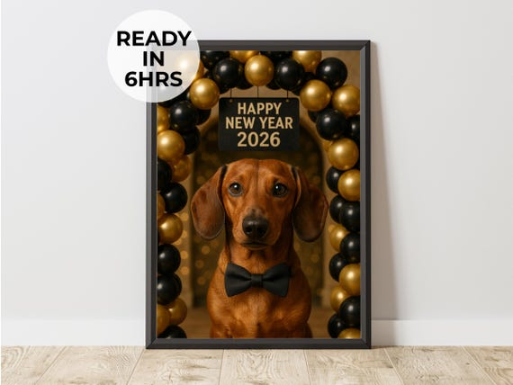 Custom New Year Pet Portrait Bow Tie Dog Art Celebration Gift