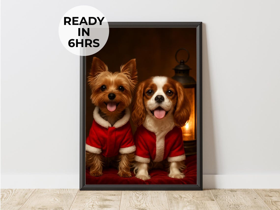 Yorkshire Terrier and Cavalier in Santa Coats Christmas Duo Poster