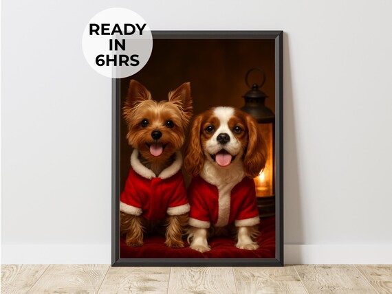 Yorkshire Terrier and Cavalier in Santa Coats Christmas Duo Poster