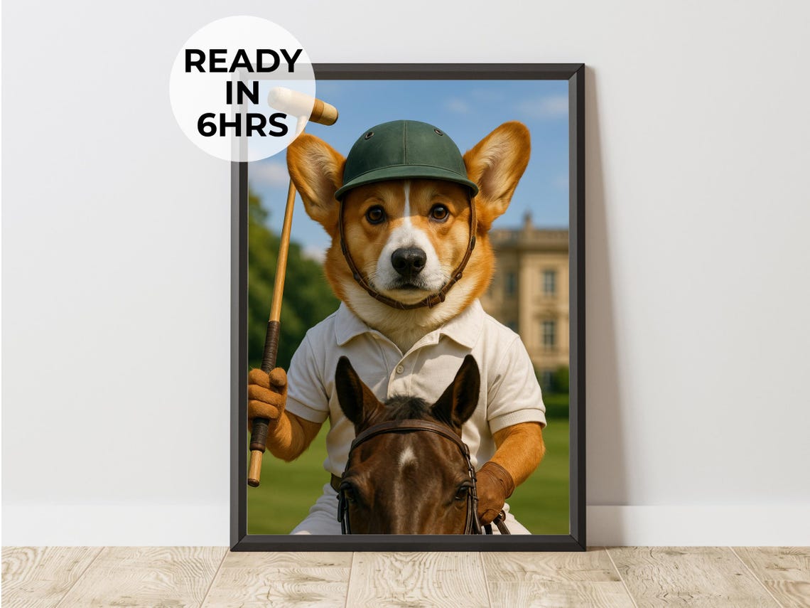 Corgi Polo Player on Horse Funny Equestrian Dog Sport Art Poster