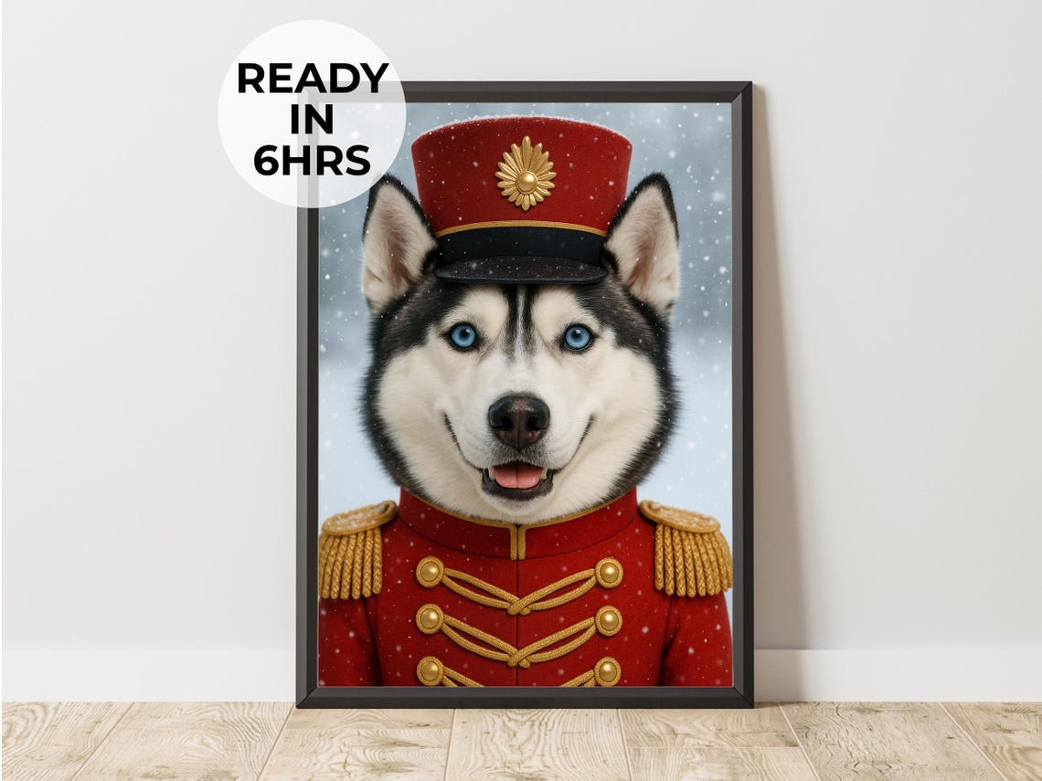 Smiling Siberian Husky Nutcracker Soldier Christmas Portrait Poster