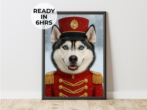 Smiling Siberian Husky Nutcracker Soldier Christmas Portrait Poster