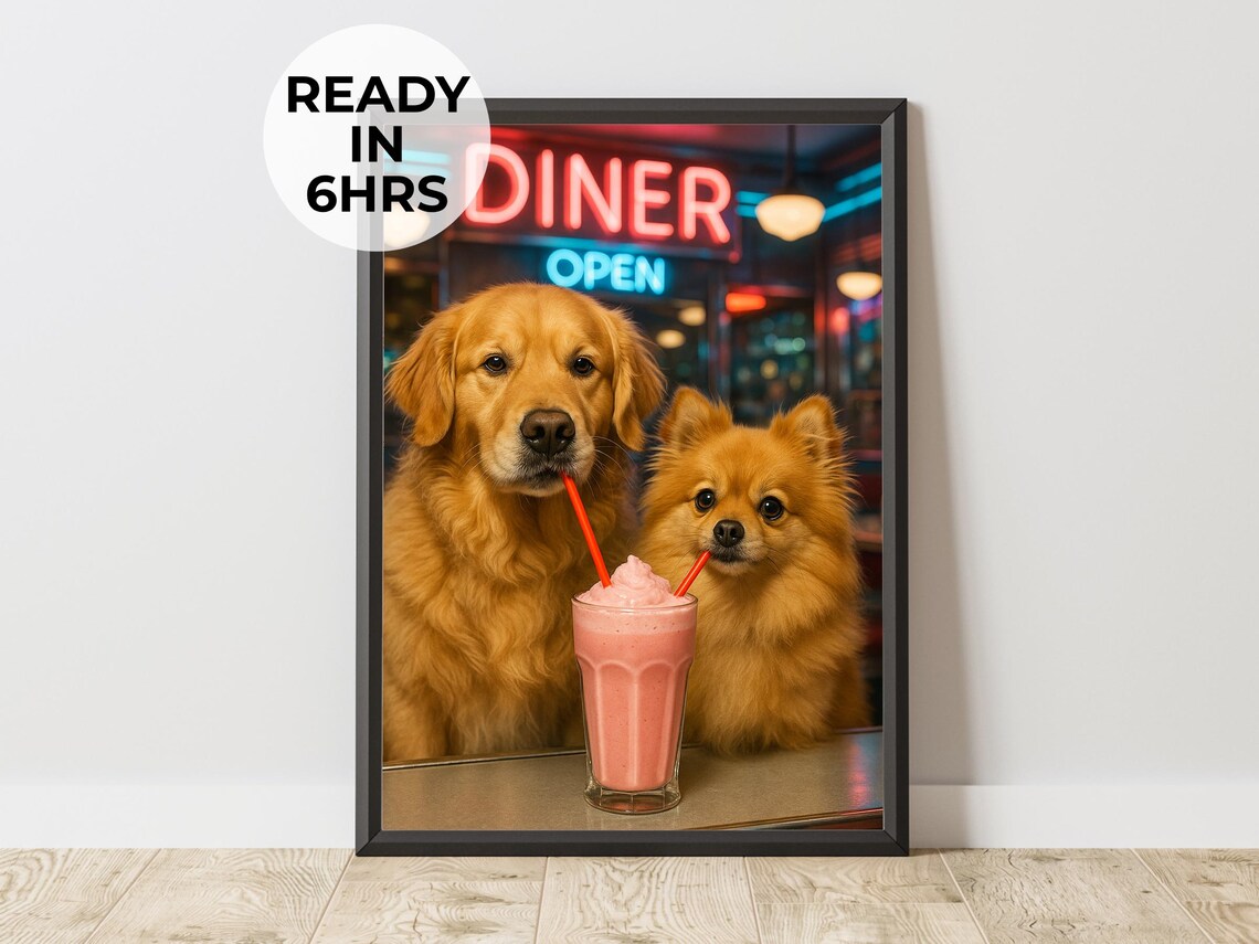 Custom Retro Diner Pet Portrait, Vintage Art Print