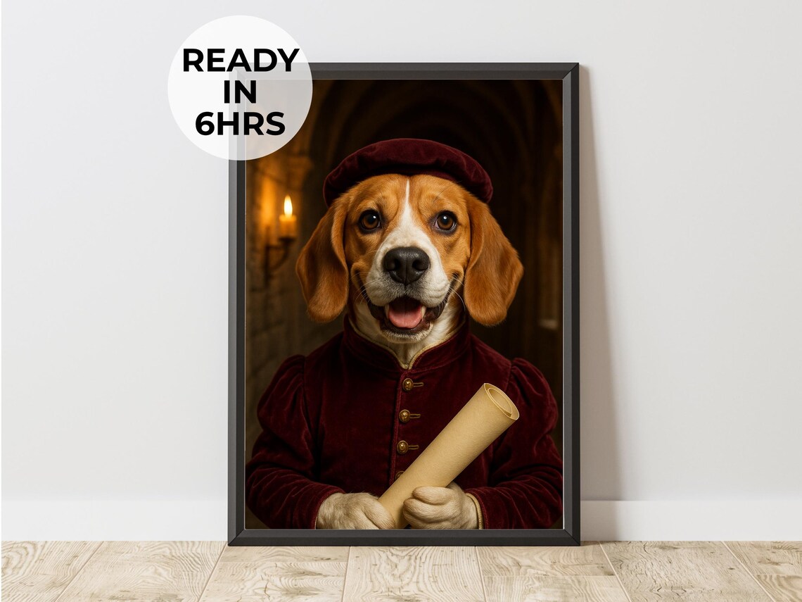 Beagle in Renaissance Costume Burgundy Velvet Funny Dog Portrait Poster