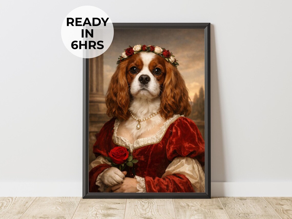 Custom Cavalier Spaniel Duchess Portrait Regal Red Velvet Gown Dog Wall Art