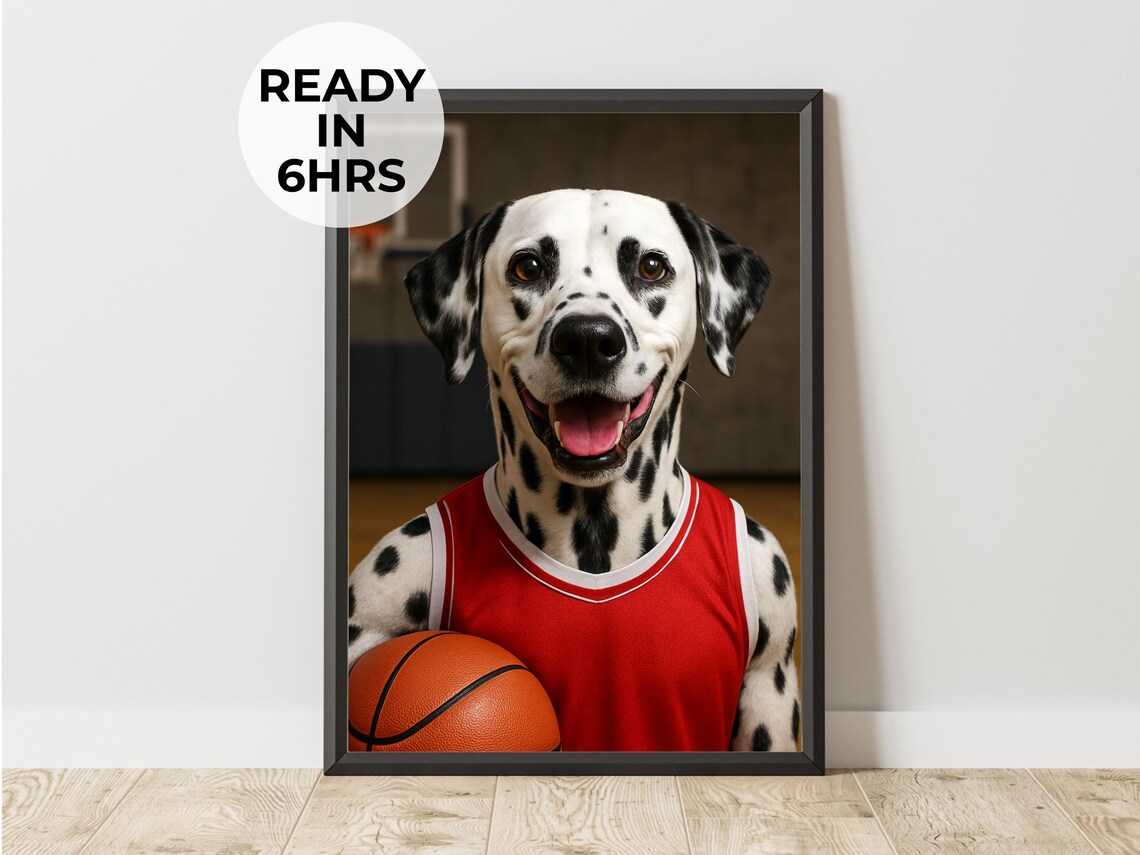 Funny Dalmatian Basketball Player Portrait Red Jersey Sports Dog Art Poster