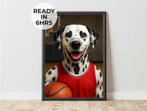 Funny Dalmatian Basketball Player Portrait Red Jersey Sports Dog Art Poster