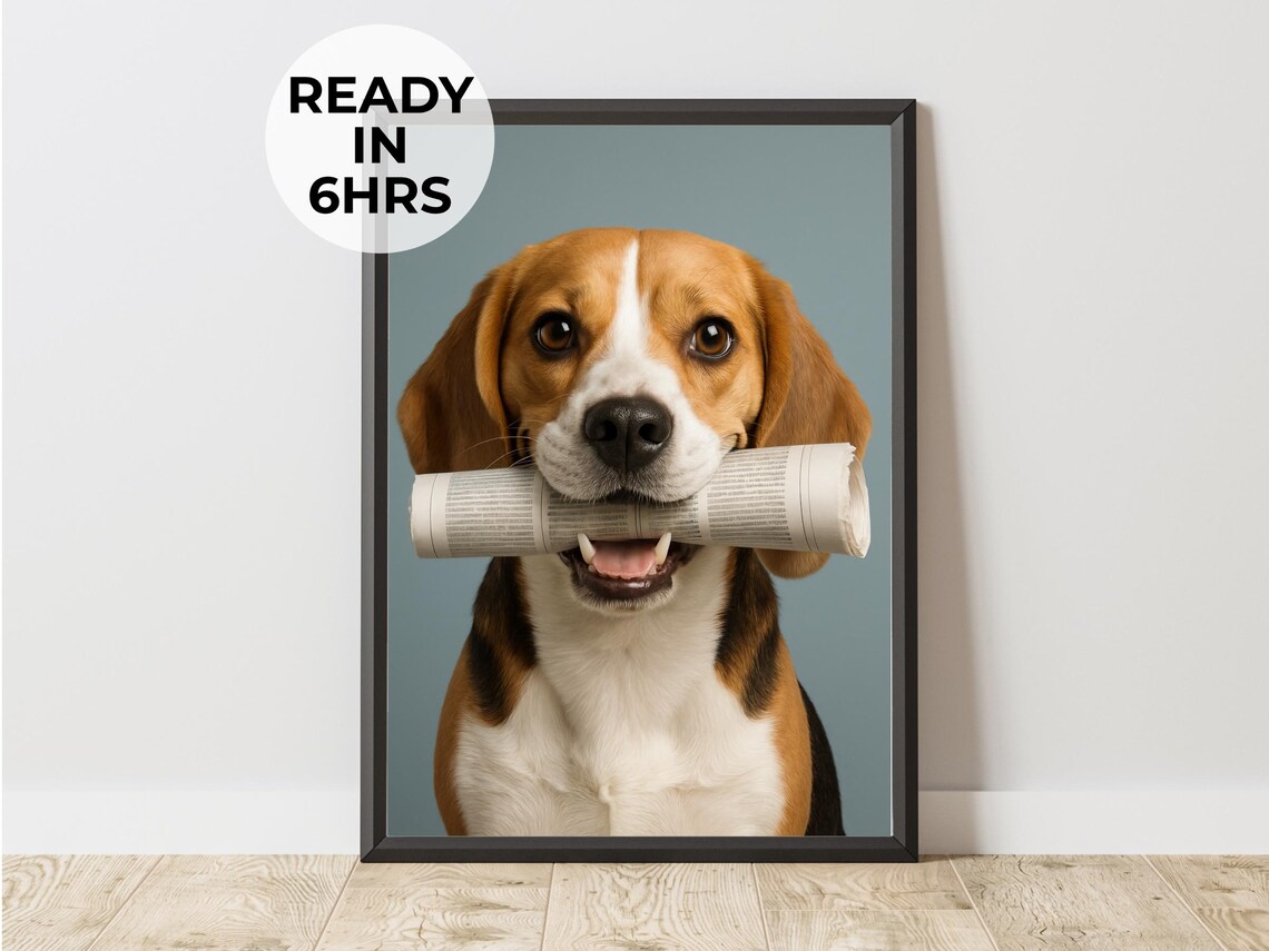 Funny Newspaper Dog Portrait, Office Gift Art Print