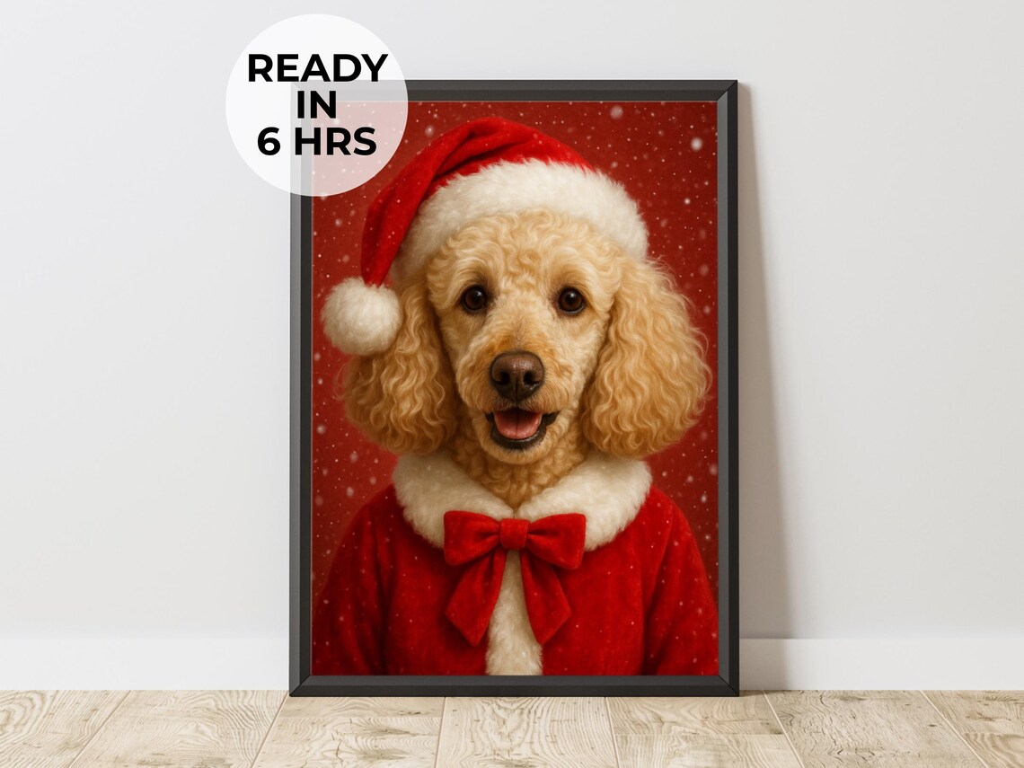 Christmas Poodle Mrs Claus Red Costume Snow Portrait Holiday Dog Art Poster