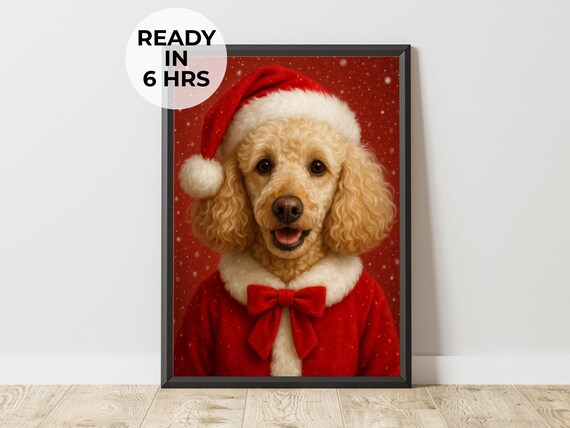 Christmas Poodle Mrs Claus Red Costume Snow Portrait Holiday Dog Art Poster