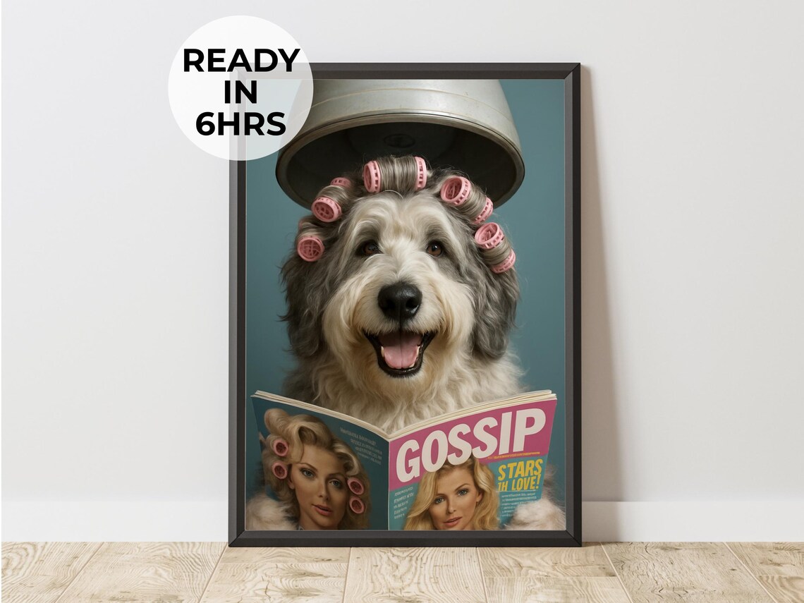 Custom Salon Pet Portrait, Funny Gossip Dog Art