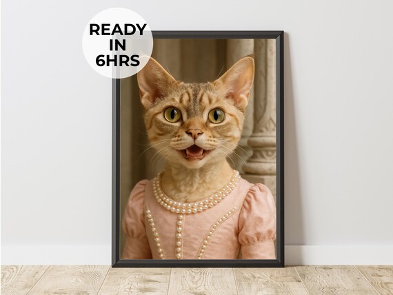 Regency Lady Cat Portrait Pink Pearl Necklace Dress Funny Pet Poster