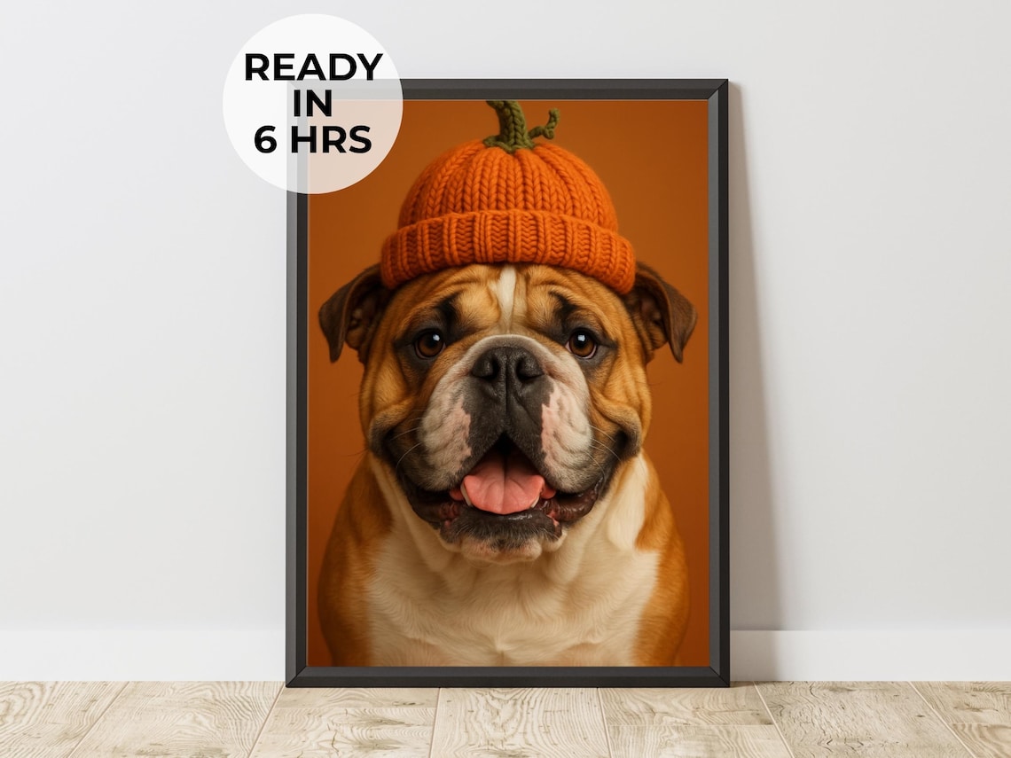 English Bulldog Pumpkin Beanie Hat Poster Autumn Fall Dog Portrait