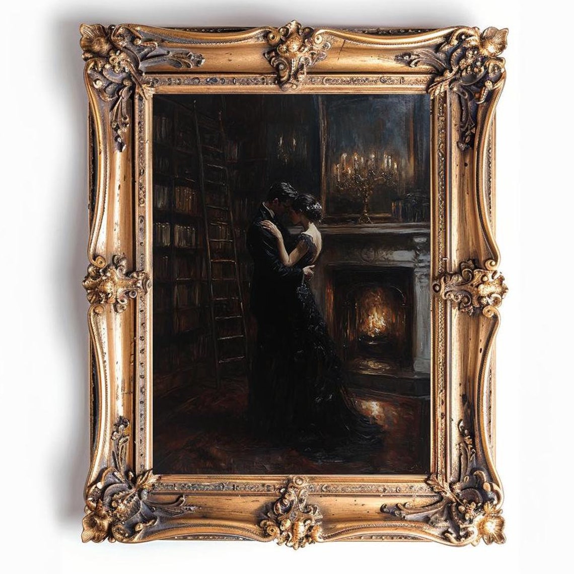 Victorian Couple Embracing by Fireplace in Candlelit Library Poster - Image 3