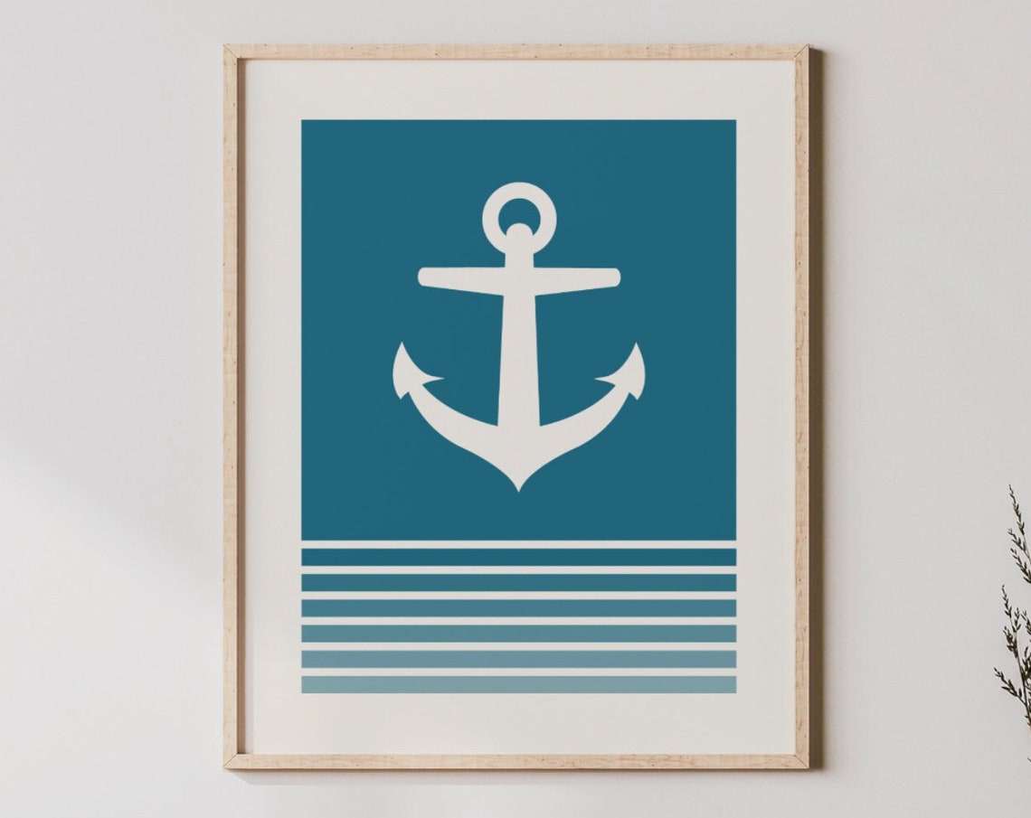 Teal Retro Anchor Nautical Blue Stripes Coastal Beach Poster
