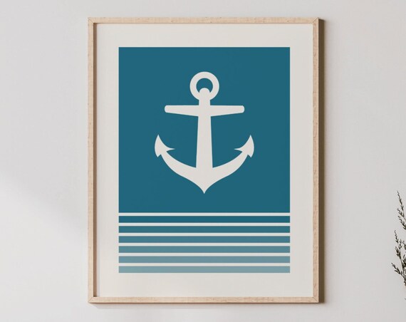 Teal Retro Anchor Nautical Blue Stripes Coastal Beach Poster