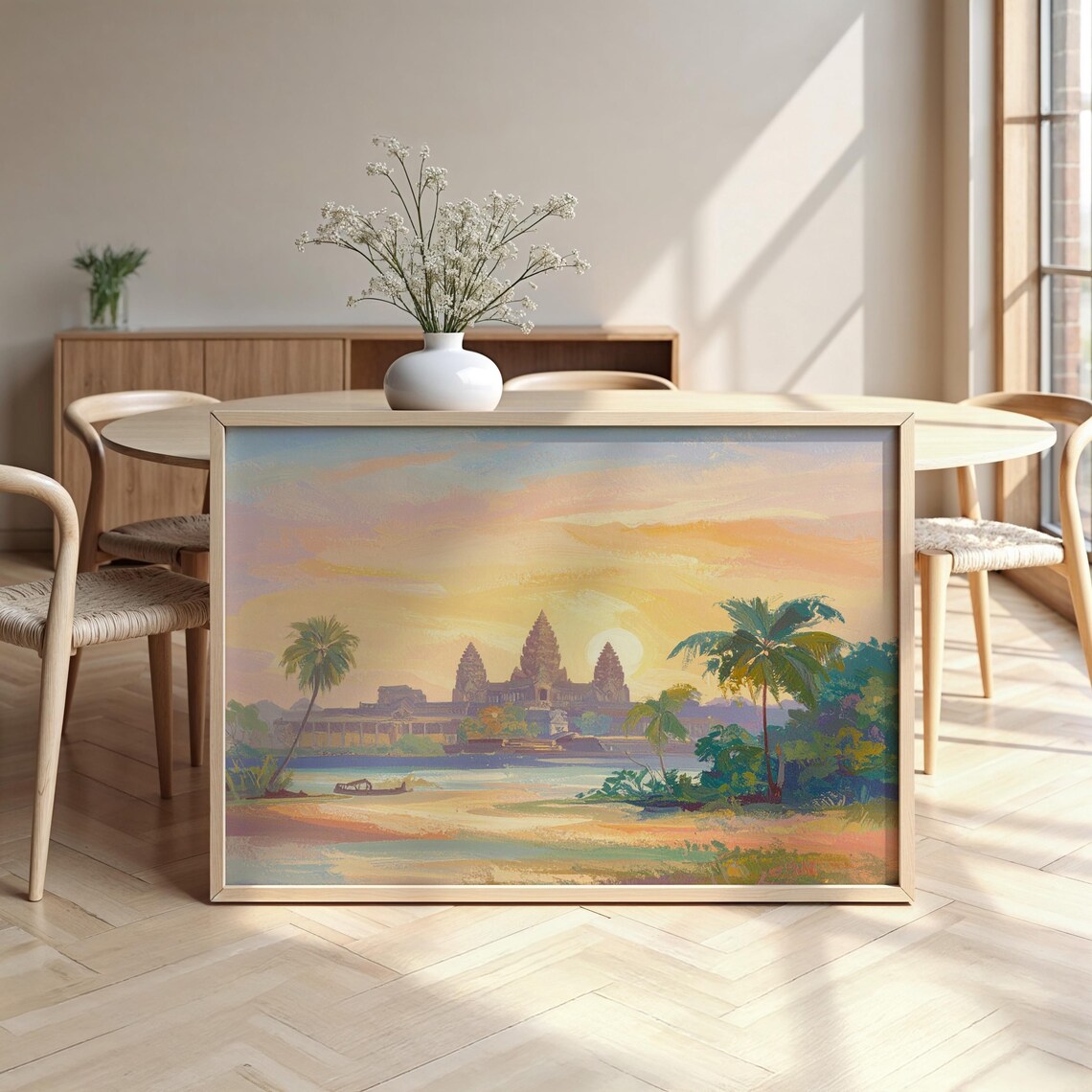 Angkor Wat Temple Sunrise Watercolor Palm Trees Travel Poster