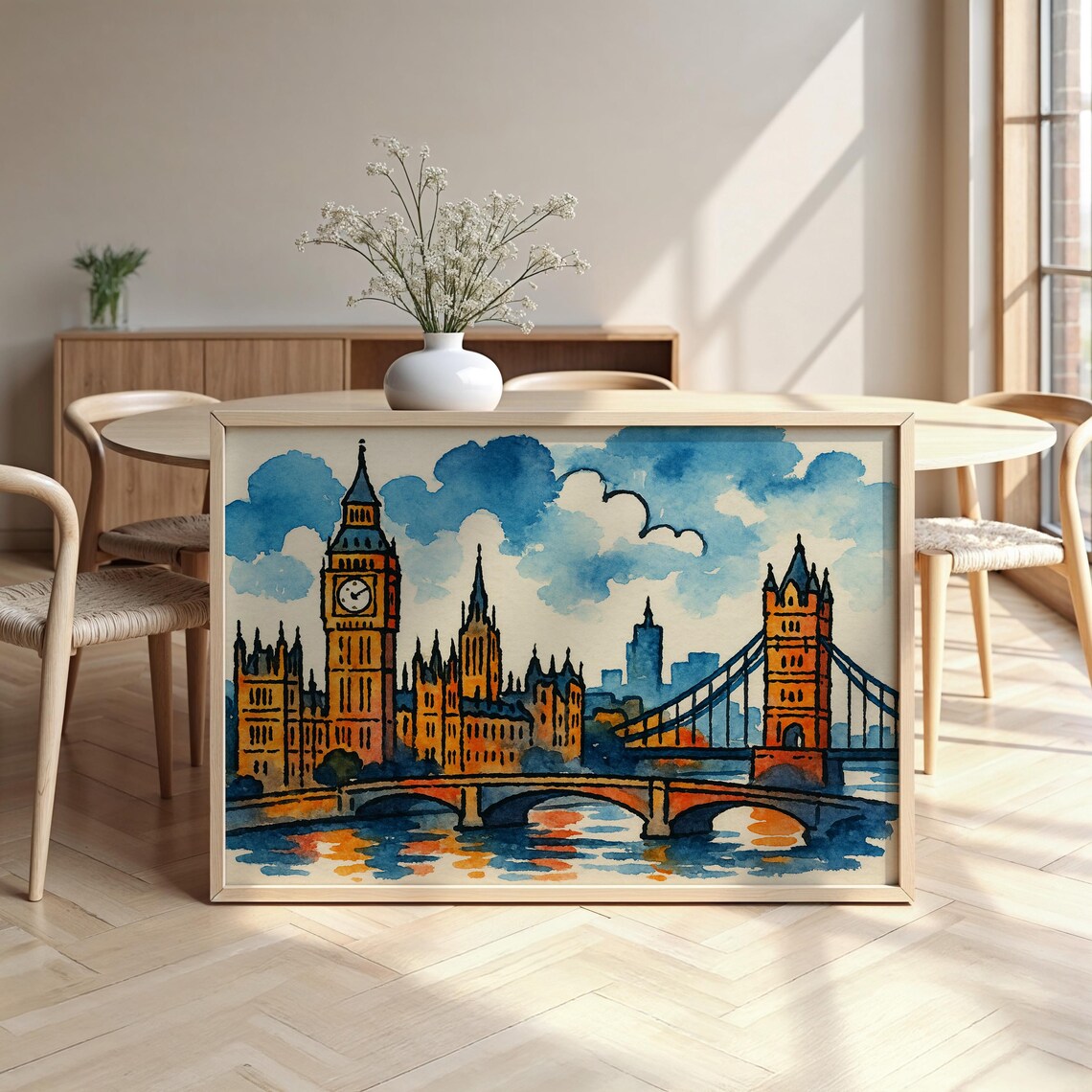 London Big Ben Tower Bridge Watercolor Etegami Style Travel Poster