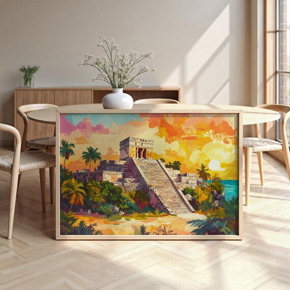Tulum Mexico Mayan Pyramid Beach Sunset Watercolor Art Poster