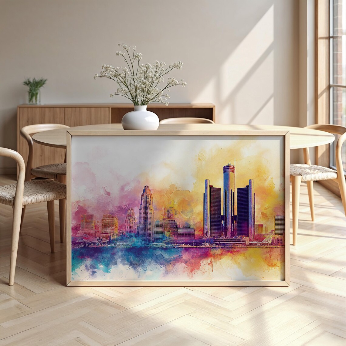 Detroit Skyline Watercolor Cityscape Poster with Vibrant Sunset Colors