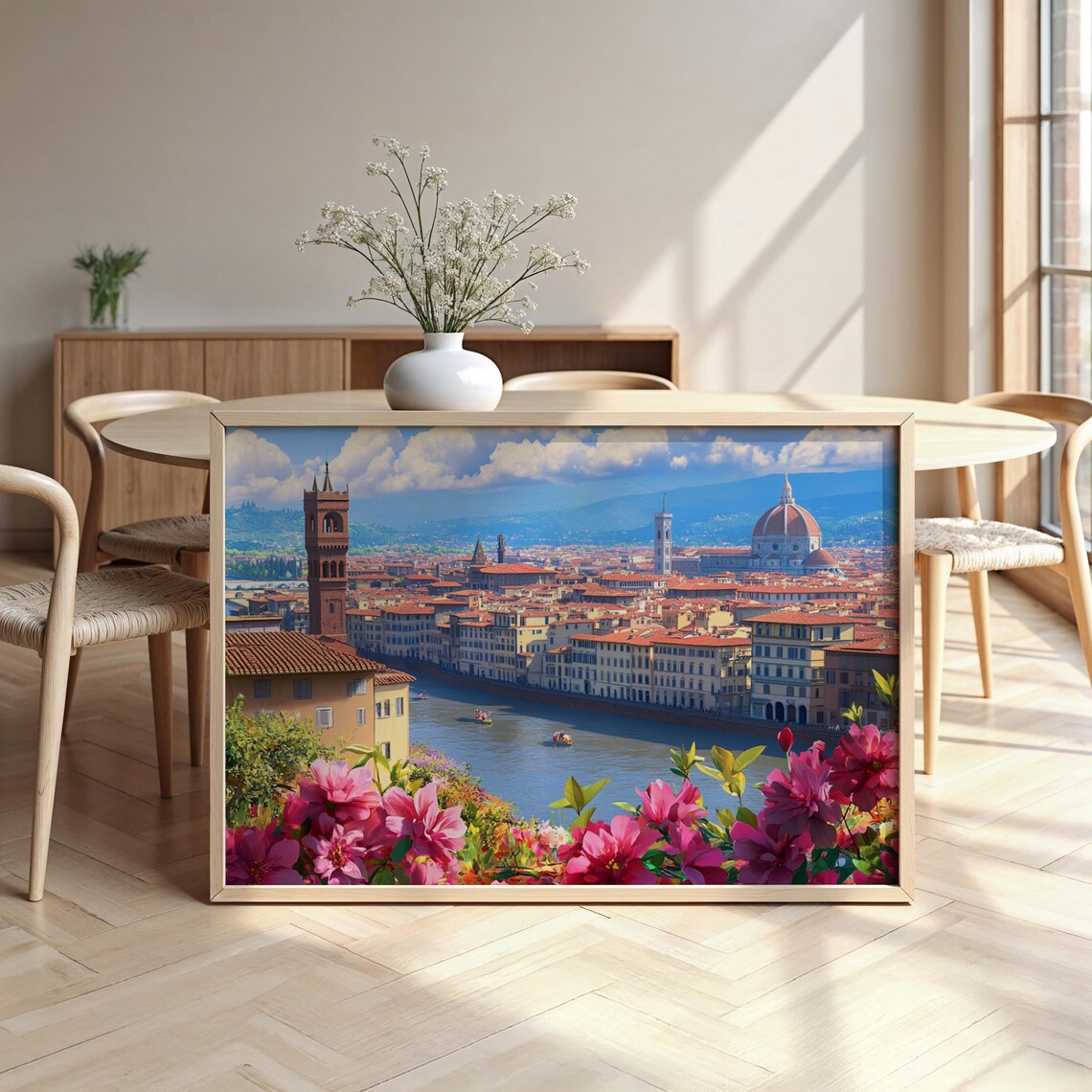 Florence Italy Cityscape Poster with Duomo Arno River and Flowers