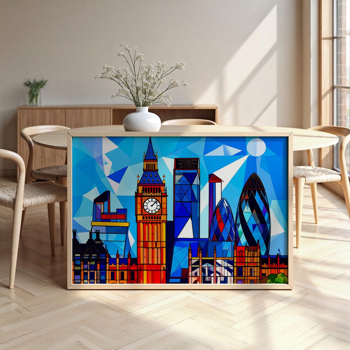 London Cubist Big Ben Gherkin Geometric Blue Sunset Skyline Poster
