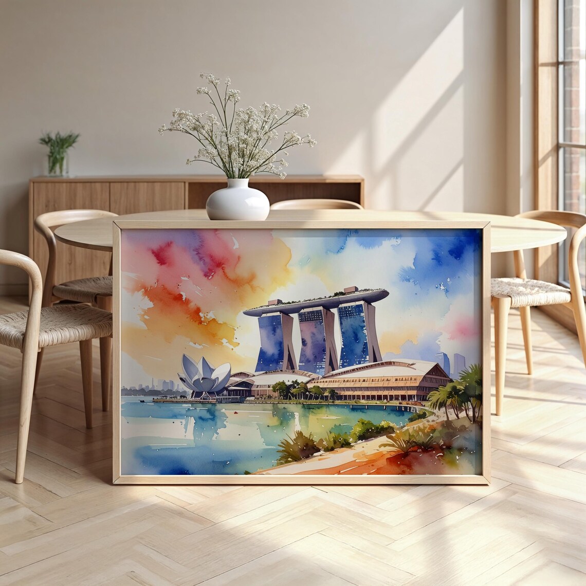 Marina Bay Sands Singapore Watercolor Sunset Skyline Travel Wall Art
