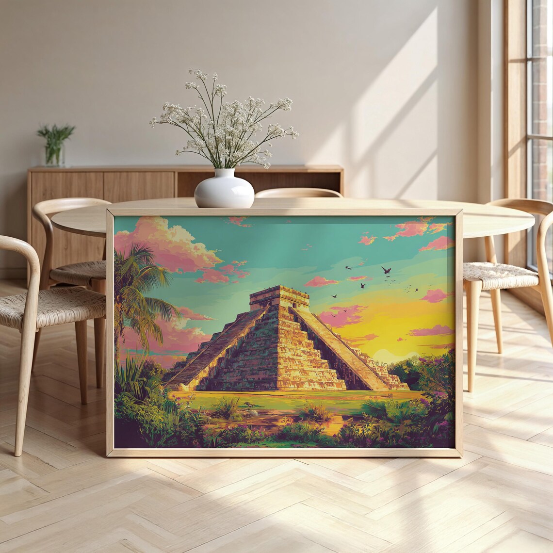 Chichen Itza Mayan Pyramid Jungle Sunset Vintage Travel Poster