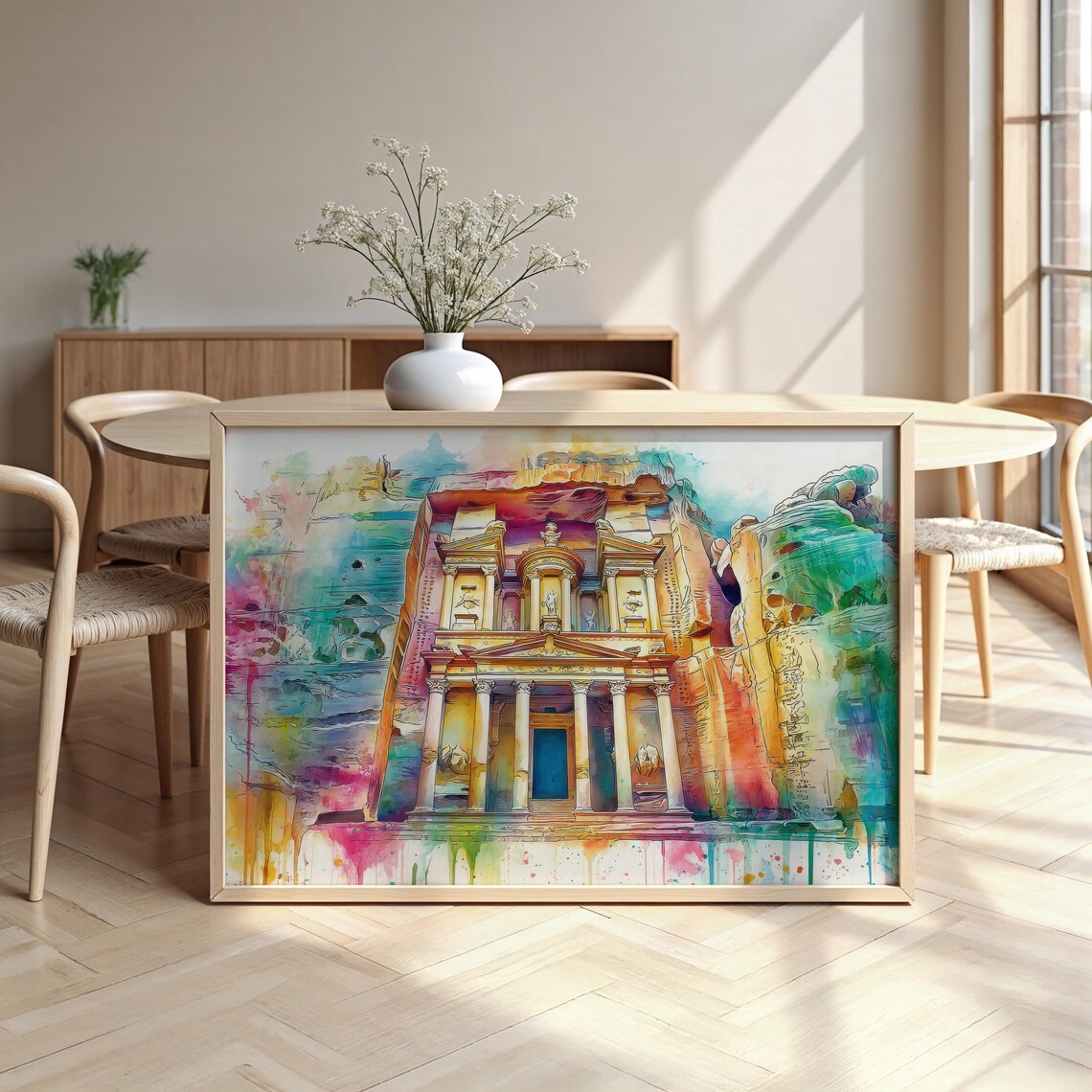Petra Jordan Treasury Watercolor Ancient Rock Temple Rose City Art Poster