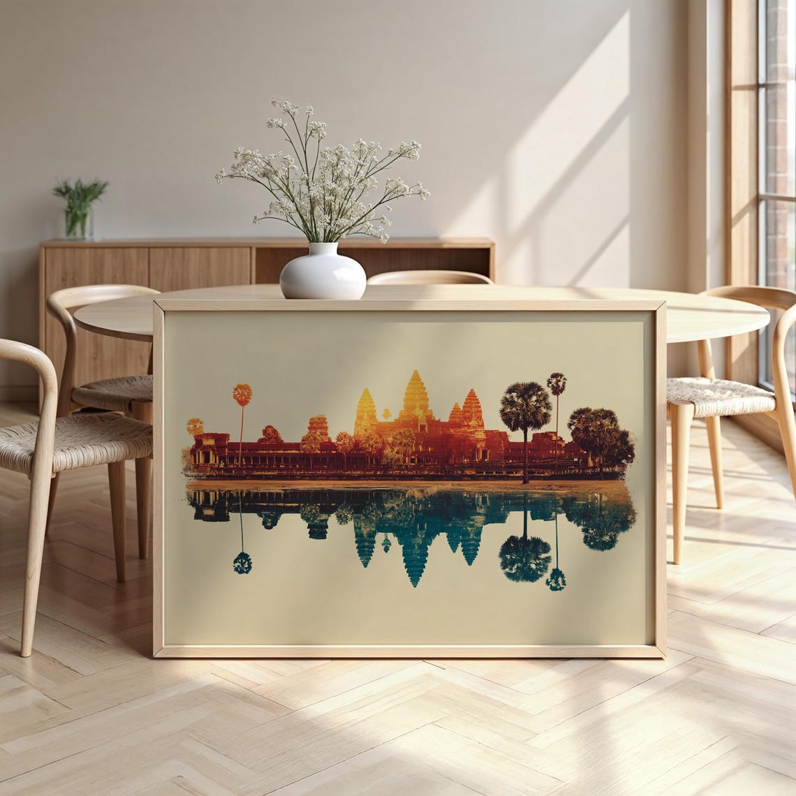 Angkor Wat Cambodia Sunset Watercolor Reflection Temple Poster