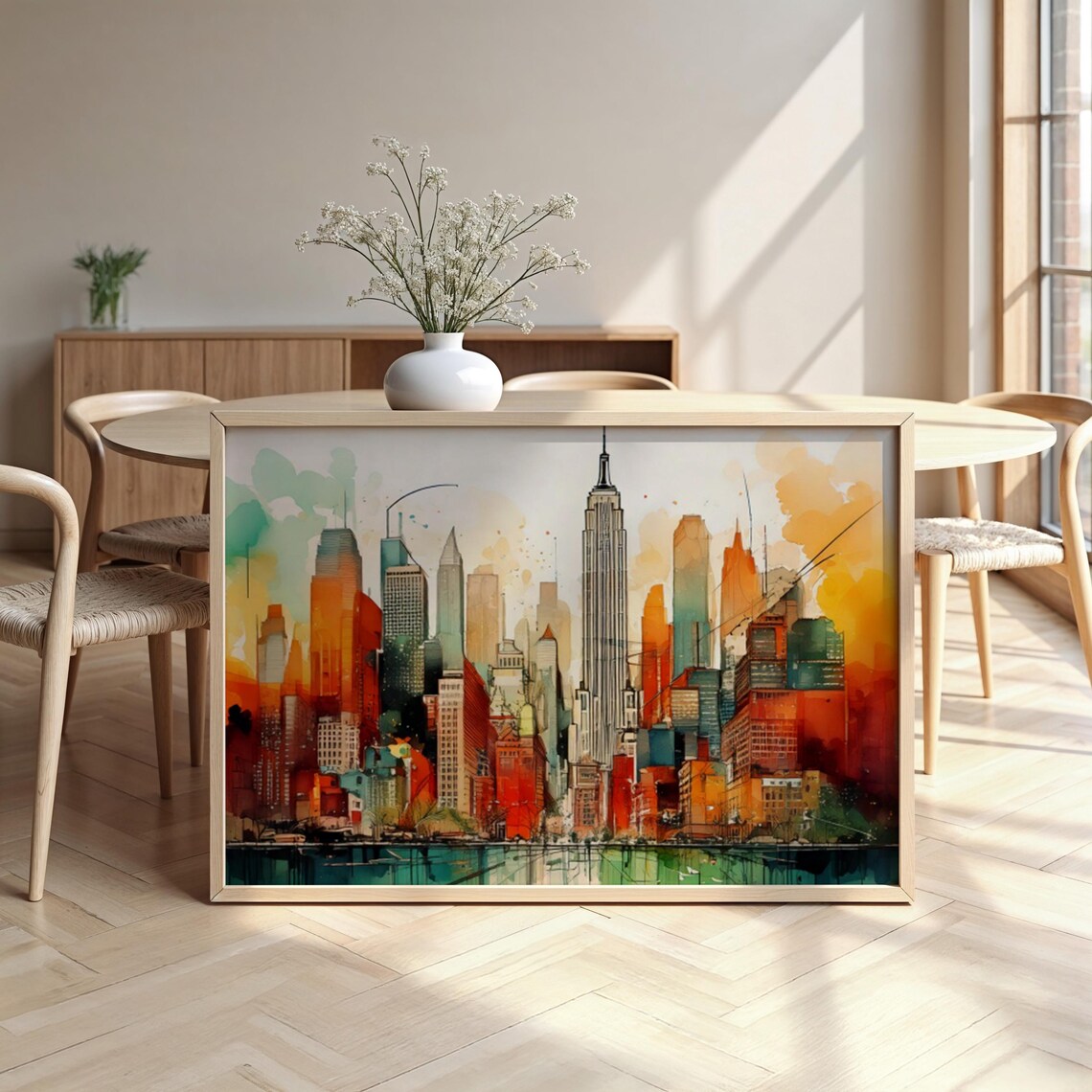 New York City Watercolor Skyline Empire State Building Sunset Tones Art Poster